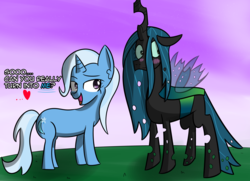 Size: 4467x3235 | Tagged: safe, artist:artiks, queen chrysalis, trixie, changeling, pony, unicorn, g4, dialogue, duo, duo female, female, floating heart, heart, innuendo, lesbian, shipping, trixalis, voice actor joke
