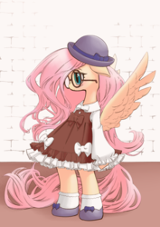 Size: 1447x2039 | Tagged: safe, artist:unousaya, fluttershy, pegasus, pony, semi-anthro, g4, arm hooves, bow, bowtie, clothes, cute, dress, female, glasses, hat, mare, shyabetes, solo, spread wings, wings