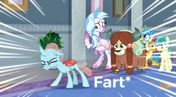 Size: 2224x1228 | Tagged: safe, edit, edited screencap, screencap, gallus, ocellus, sandbar, silverstream, smolder, yona, classical hippogriff, griffon, hippogriff, g4, school daze, fart, student six, wat