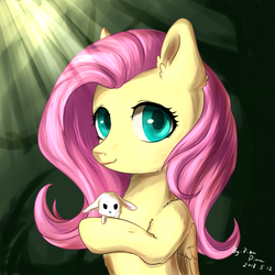 Size: 1024x1024 | Tagged: safe, artist:rikadiane, angel bunny, fluttershy, pegasus, pony, g4, bust, duo, female, folded wings, looking at you, mare, portrait