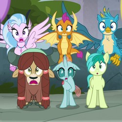 Size: 720x720 | Tagged: safe, screencap, gallus, ocellus, sandbar, silverstream, smolder, yona, changedling, changeling, classical hippogriff, dragon, earth pony, griffon, hippogriff, pony, yak, g4, school daze, cloven hooves, cropped, dragoness, female, flying, male, student six, teenager
