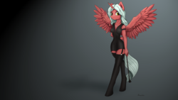 Size: 5760x3240 | Tagged: safe, artist:shamziwhite, oc, oc only, oc:silver wind, alicorn, anthro, unguligrade anthro, clothes, feather, red skin, riding crop, solo, stockings, thigh highs, wavy hair, wings, ych result