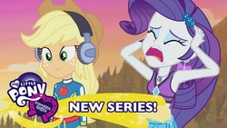 Size: 1280x720 | Tagged: safe, screencap, applejack, rarity, equestria girls, g4, lost and found, my little pony equestria girls: better together, armpits, beach, clothes, ear piercing, earring, equestria girls logo, eyes closed, frustrated, geode of super strength, hat, jewelry, marshmelodrama, piercing, rarity being rarity, shorts, youtube thumbnail
