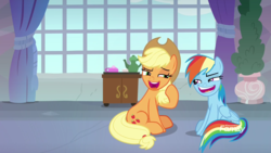 Size: 1920x1080 | Tagged: safe, screencap, applejack, rainbow dash, g4, non-compete clause, discovery family logo, rainbow dash is best facemaker