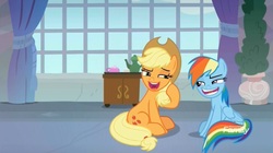 Size: 1653x925 | Tagged: safe, screencap, applejack, rainbow dash, non-compete clause, faic, rainbow dash is best facemaker