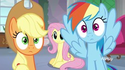 Size: 1920x1080 | Tagged: safe, screencap, applejack, fluttershy, rainbow dash, earth pony, pegasus, pony, g4, non-compete clause, applejack's hat, cowboy hat, cute, discovery family logo, female, hat, mare, shyabetes, sitting, smiling, spread wings, wings