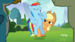 Size: 1920x1080 | Tagged: safe, screencap, applejack, gallus, rainbow dash, sandbar, g4, non-compete clause, discovery family logo, rainboast dash