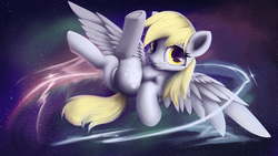 Size: 1920x1080 | Tagged: safe, artist:hitbass, derpy hooves, pegasus, pony, g4, featureless crotch, female, flying, leaning back, looking at you, mare, smiling, solo, space, spread wings, underhoof, wings