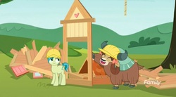 Size: 1658x915 | Tagged: safe, screencap, sandbar, yona, earth pony, pony, yak, g4, non-compete clause, apple shed, discovery family logo, duo, female, hard hat, male, property damage, teenager, wood
