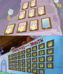 Size: 1276x1492 | Tagged: safe, screencap, fluttershy, g4, non-compete clause, comparison, employee of the month, parody, red eye, spongebob squarepants, wall of shy