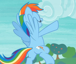 Size: 975x828 | Tagged: safe, screencap, rainbow dash, pony, g4, my little pony: friendship is magic, non-compete clause, butt, cropped, eyes closed, female, open mouth, plot, solo