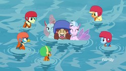 Size: 1920x1080 | Tagged: safe, screencap, applejack, gallus, ocellus, rainbow dash, sandbar, silverstream, smolder, yona, dragon, earth pony, griffon, pegasus, pony, seapony (g4), yak, g4, non-compete clause, discovery family logo, disguise, disguised changeling, dragoness, female, helmet, male, mare, seaponified, seapony ocellus, seapony silverstream, species swap, student six, teenager, water