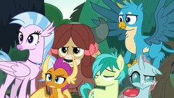 Size: 1920x1080 | Tagged: safe, screencap, gallus, ocellus, sandbar, silverstream, smolder, yona, changedling, changeling, dragon, earth pony, griffon, hippogriff, pony, yak, g4, non-compete clause, discovery family logo, female, floppy ears, frown, lidded eyes, male, ocellus is not amused, raised eyebrow, smolder is not amused, student six, unamused, yona is not amused