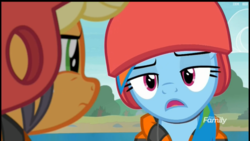 Size: 1920x1080 | Tagged: safe, screencap, applejack, rainbow dash, earth pony, pegasus, pony, g4, non-compete clause, duo, female, frown, lidded eyes, looking at each other, mare, open mouth