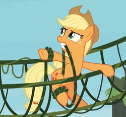 Size: 1309x1208 | Tagged: safe, screencap, applejack, earth pony, pony, g4, non-compete clause, cropped, female, gritted teeth, mare, mouth hold, solo, tied up, vine