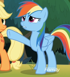 Size: 1117x1225 | Tagged: safe, screencap, applejack, rainbow dash, earth pony, pegasus, pony, g4, non-compete clause, cropped, female, frown, gritted teeth, mare, raised hoof, solo focus