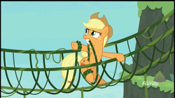Size: 2560x1440 | Tagged: safe, screencap, applejack, earth pony, pony, g4, non-compete clause, female, gritted teeth, mare, mouth hold, solo, vine