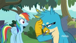Size: 1920x1080 | Tagged: safe, screencap, gallus, rainbow dash, griffon, pegasus, pony, g4, non-compete clause, discovery family logo, duo, female, frown, gritted teeth, male, mare, raised claw, surprised