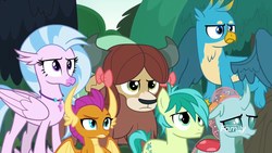 Size: 1920x1080 | Tagged: safe, screencap, gallus, ocellus, sandbar, silverstream, smolder, yona, changedling, changeling, dragon, earth pony, griffon, hippogriff, pony, yak, g4, non-compete clause, discovery family logo, female, frown, logo, male, raised eyebrow, stallion, student six, unamused, watermark