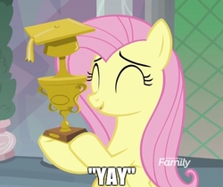 Size: 520x436 | Tagged: safe, edit, edited screencap, screencap, fluttershy, pegasus, pony, non-compete clause, cropped, cute, female, mare, meme, shyabetes, solo, teacher of the month, trophy, yay
