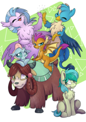 Size: 4962x7014 | Tagged: safe, artist:cutepencilcase, gallus, ocellus, sandbar, silverstream, smolder, yona, changedling, changeling, classical hippogriff, dragon, earth pony, griffon, hippogriff, pony, yak, g4, absurd resolution, chest fluff, cloven hooves, dragoness, female, flying, high five, looking at you, male, student six, teenager