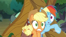 Size: 1920x1080 | Tagged: safe, screencap, applejack, rainbow dash, yona, earth pony, pegasus, pony, yak, g4, non-compete clause, discovery family logo, female, gritted teeth, mare, open mouth, surprised, tree, trio