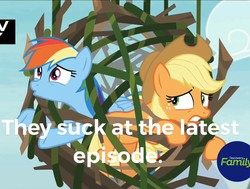 Size: 1867x1413 | Tagged: safe, edit, edited screencap, screencap, applejack, rainbow dash, g4, non-compete clause, abuse, cropped, dashabuse, jackabuse, non-compete clause drama, op is a duck, op is trying to start shit