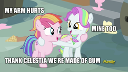 Size: 960x540 | Tagged: safe, edit, edited screencap, screencap, coconut cream, toola roola, earth pony, pony, fame and misfortune, g4, cartoon physics, dexterous hooves, discovery family logo, eye contact, female, filly, great moments in animation, hooves around shoulder, image macro, looking at each other, meme, smiling