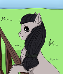 Size: 1600x1872 | Tagged: safe, artist:hypocrite, oc, oc only, oc:shakes heartwood, pony, black mane, digital art, outdoors, rearing, side view, smiling, solo