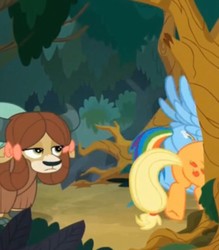 Size: 717x818 | Tagged: safe, screencap, applejack, rainbow dash, yona, earth pony, pegasus, pony, yak, g4, non-compete clause, butt, buttstuck, cropped, female, mare, plot, stuck, stuck between trees, unimpressed, yona is not amused