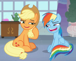 Size: 561x451 | Tagged: safe, screencap, applejack, rainbow dash, earth pony, pegasus, pony, non-compete clause, animated, applejack's hat, cowboy hat, cropped, duo, faic, female, gif, happy, hat, laughing, laughingmares.jpg, loop, mare, reaction image