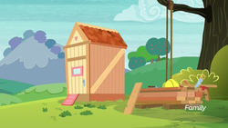 Size: 1920x1080 | Tagged: safe, screencap, g4, non-compete clause, apple shed, board, crosscut saw, discovery family logo, hard hat, no pony, pulley, rope, saw, shed, sweet apple acres, tree, wood