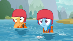 Size: 1920x1080 | Tagged: safe, screencap, applejack, rainbow dash, pony, g4, non-compete clause, covering mouth, discovery family logo, gasp, helmet, i've made a huge mistake, lifejacket, oh crap, river, treading water, water, wide eyes