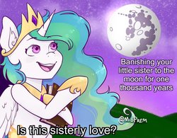 Size: 765x598 | Tagged: safe, artist:midnightpremiere, princess celestia, alicorn, pony, g4, banishment, book, dialogue, female, implied princess luna, is this a pigeon, jewelry, looking up, mare, mare in the moon, meme, moon, night, pointing, ponified meme, regalia, solo