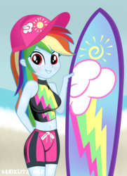 Size: 1024x1411 | Tagged: safe, artist:danielitamlp, rainbow dash, equestria girls, g4, my little pony equestria girls: better together, adorasexy, baseball cap, beach, belly button, blushing, board shorts, breasts, busty rainbow dash, cap, clothes, cute, hat, looking at you, ocean, sexy, surfboard, swimsuit