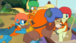Size: 1366x768 | Tagged: safe, screencap, gallus, sandbar, smolder, yona, pony, g4, non-compete clause, boat, discovery family logo, eyes on the prize, helmet, lifejacket, motion blur, oar, out of context, pushing