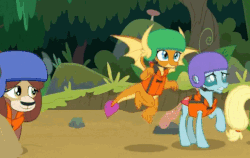 Size: 516x326 | Tagged: safe, screencap, applejack, ocellus, smolder, yona, changedling, changeling, dragon, earth pony, pony, yak, g4, non-compete clause, animated, butt, catching, gesture, gif, helmet, lifejacket, paddle