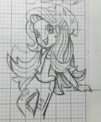 Size: 1038x1258 | Tagged: safe, artist:chautung, starlight glimmer, equestria girls, g4, beanie, cute, female, glimmerbetes, graph paper, happy, hat, sketch, solo, traditional art