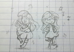 Size: 1280x907 | Tagged: safe, artist:chautung, sunset shimmer, twilight sparkle, equestria girls, g4, dancing, eyes closed, female, graph paper, happy, lesbian, music notes, ship:sunsetsparkle, shipping, sketch, traditional art
