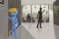 Size: 6000x4000 | Tagged: safe, artist:madgehog, rainbow dash, human, pegasus, pony, g4, angry, bipedal, fast food, food, grumpy, need to pee, omorashi, open mouth, out of order, potty dance, potty emergency, potty time, trotting in place