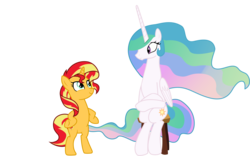 Size: 8000x5000 | Tagged: safe, artist:davidsfire, artist:sunshi, edit, editor:slayerbvc, princess celestia, sunset shimmer, alicorn, unicorn, equestria girls, equestria girls specials, g4, horse play, my little pony equestria girls: mirror magic, absurd resolution, accessory-less edit, bare hooves, bipedal, female, in the human world for too long, mare, missing accessory, ponies sitting like humans, simple background, sitlestia, sitting, stool, transparent background