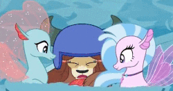 Size: 500x262 | Tagged: safe, screencap, ocellus, silverstream, yona, changedling, changeling, seapony (g4), yak, g4, non-compete clause, animated, cute, cuteling, diaocelles, diastreamies, disguise, disguised changeling, gif, helmet, hug, hug sandwich, one eye closed, seaponified, seapony ocellus, seapony silverstream, smiling, species swap, squishy cheeks, trio, water, wink, yonadorable