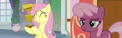Size: 1096x341 | Tagged: safe, edit, edited screencap, screencap, cheerilee, fluttershy, earth pony, pegasus, pony, crusaders of the lost mark, g4, non-compete clause, cheerilee is not amused, cute, discovery family logo, eyes closed, female, happy, hoof hold, mare, open mouth, shyabetes, smiling, teacher of the month, trophy, unamused