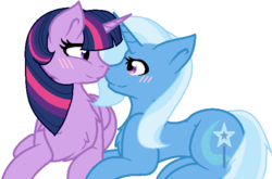 Size: 632x417 | Tagged: safe, artist:ayumilunara, trixie, twilight sparkle, alicorn, pegasus, pony, unicorn, g4, blushing, boop, chest fluff, eye contact, female, lesbian, looking at each other, mare, noseboop, prone, ship:twixie, shipping, simple background, twilight sparkle (alicorn), white background