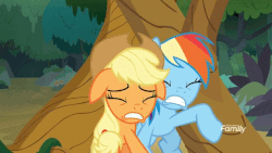 Size: 640x360 | Tagged: safe, screencap, applejack, rainbow dash, yona, earth pony, pegasus, pony, yak, g4, non-compete clause, animated, bow, cowboy hat, female, gif, hair bow, hat, headbutt, mare, stuck, tree
