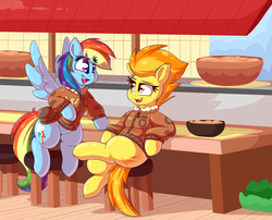 Size: 3617x2929 | Tagged: safe, artist:graphene, rainbow dash, spitfire, pegasus, pony, g4, bomber jacket, clothes, commission, cute, cutefire, dashabetes, duo, female, flying, high res, jacket, looking at each other, mare, sitting, smiling, stool