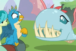 Size: 468x317 | Tagged: safe, screencap, gallus, ocellus, sandbar, yona, biteacuda, changedling, changeling, earth pony, fish, griffon, pony, g4, non-compete clause, animated, gif, scared, transformation, trio