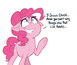Size: 1010x851 | Tagged: safe, artist:higglytownhero, pinkie pie, earth pony, pony, g4, dialogue, female, floppy ears, grin, implied anon, mare, nervous, nervous smile, no pupils, out of context, reaction image, simple background, smiling, solo, sweat, white background