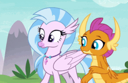 Size: 621x404 | Tagged: safe, screencap, silverstream, smolder, dragon, hippogriff, g4, non-compete clause, animated, cute, diastreamies, duo, female, gif, grin, happy, smiling, smolderbetes