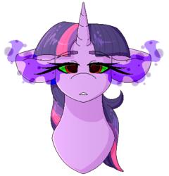 Size: 401x417 | Tagged: safe, artist:black-magic101, twilight sparkle, pony, g4, bust, eyebrows, eyebrows visible through hair, female, lidded eyes, mare, pixel art, simple background, solo, sombra eyes, transparent background